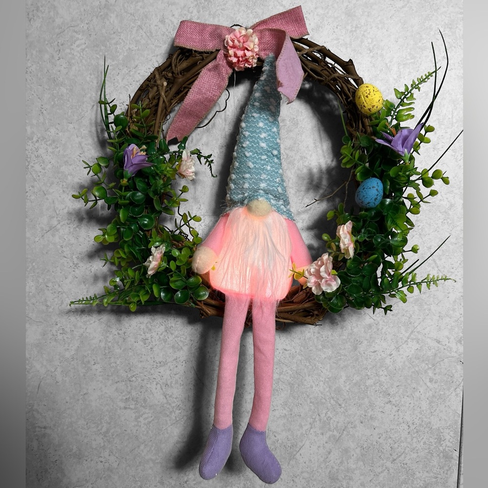 Easter lighted Gnome Wreath with eggs and floral accents.